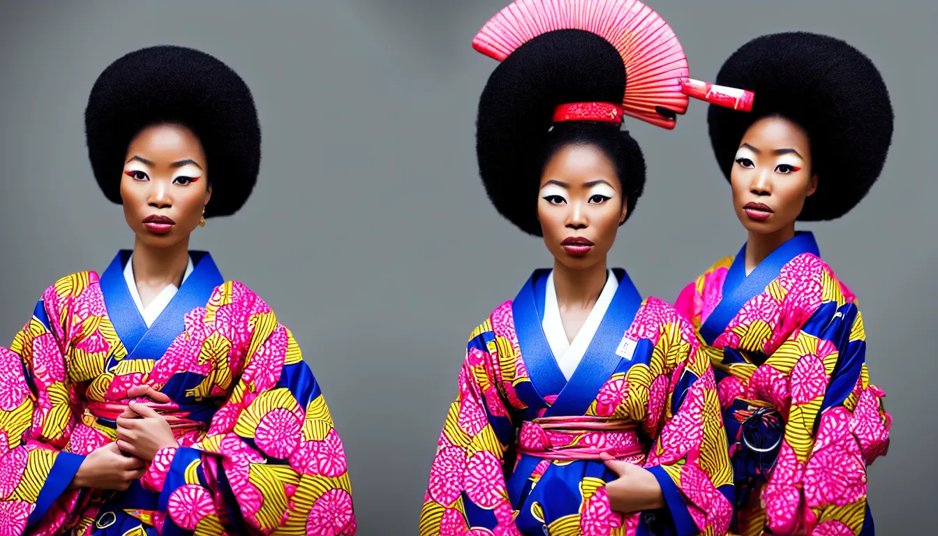 Prompt: Beautiful mixed African-Japanese Woman wearing a kimono. hyperrealistic, high definition, medium format photography, highly detailed, anamorphic 50mm lens