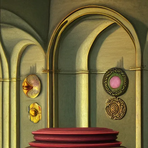 Prompt: still life renaissance pastel painting of a room with a marbled pedestal displaying an ancient holy artifact lotus, chromed and ornate with gentle iridescent shine from within. perspective from the side. realistic light and shadows. moody final fantasy concept art