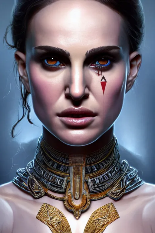 Image similar to symmetry!! portrait of natalie portman in the style of god of war, machine parts embedded into face, intricate, elegant, highly detailed, digital painting, artstation, concept art, smooth, sharp focus, illustration, art by artgerm and greg rutkowski and alphonse mucha, 8 k