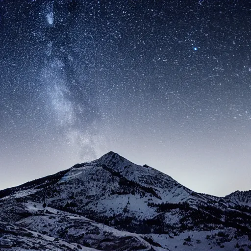 Image similar to calming relaxing snowy mountain silhouetted against a dark starry night sky from a distance