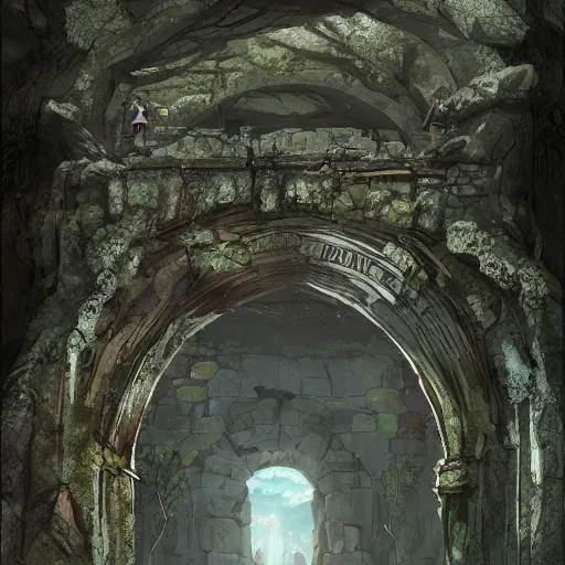 Prompt: concept art painting of an ancient ornate stone archway, with a magical portal inside to another dimension, in the woods, realistic, detailed, cel shaded, in the style of makoto shinkai and greg rutkowski and james gurney