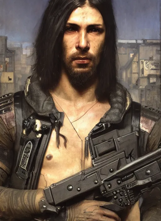 Image similar to clever Anders. cyberpunk mercenary with tattoos wearing a military vest and combat gear. (Cyberpunk 2077, bladerunner 2049). Iranian orientalist portrait by john william waterhouse and Edwin Longsden Long and Theodore Ralli and Nasreddine Dinet, oil on canvas. Cinematic, hyper realism, realistic proportions, dramatic lighting, high detail 4k