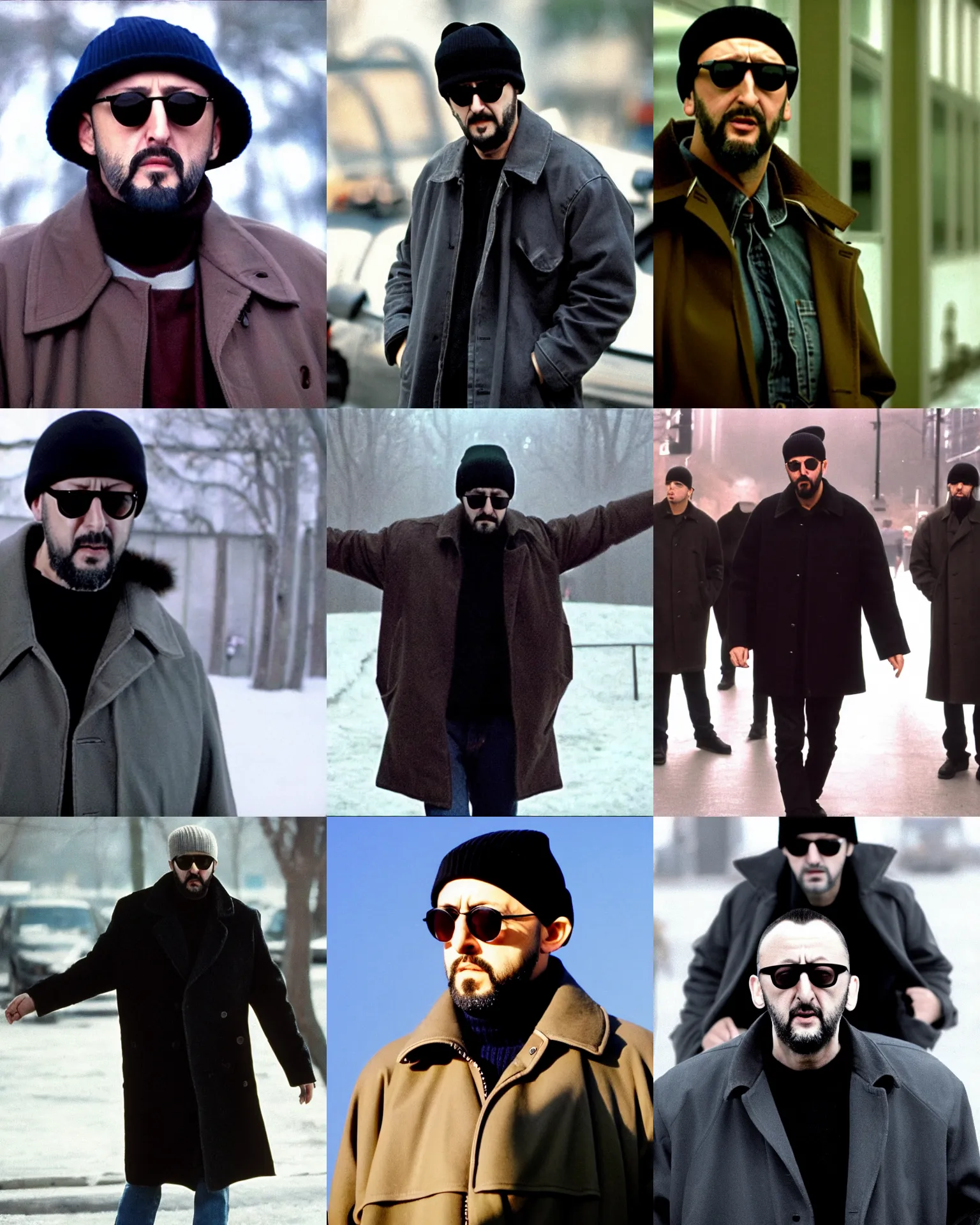 Prompt: full body shot, small circle!!! round!!!! sunglasses, serious dramatic jean reno wearing circle!! round!! sunglasses and a beanie cap, wearing long black winter coat, full body shot, film still from leon the professional