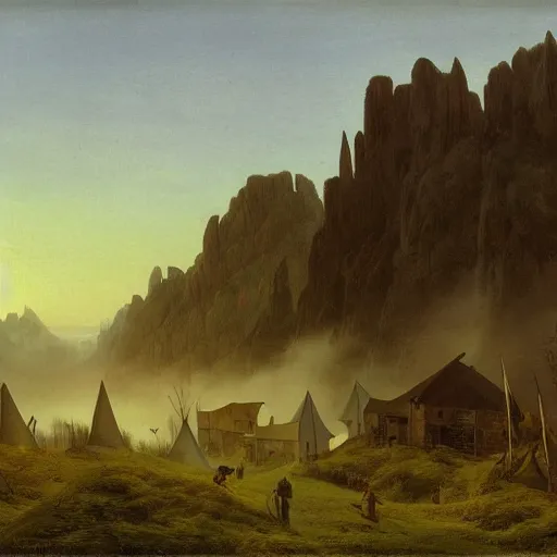 Prompt: village above the clouds, sharp pointy mountains, wooden platforms, tents, colors, misty clouds, sun at dawn, brutalism, painting by caspar david friedrich