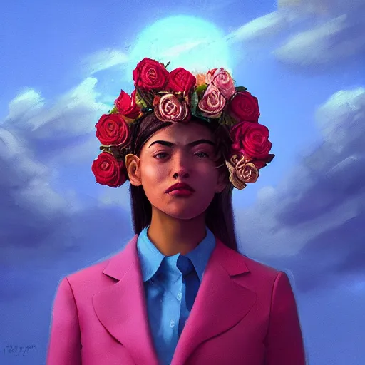 Prompt: closeup, giant rose flower on the head, frontal, girl in a suit, surreal photography, sunrise, blue sky, dramatic light, impressionist painting, digital painting, artstation, simon stalenhag