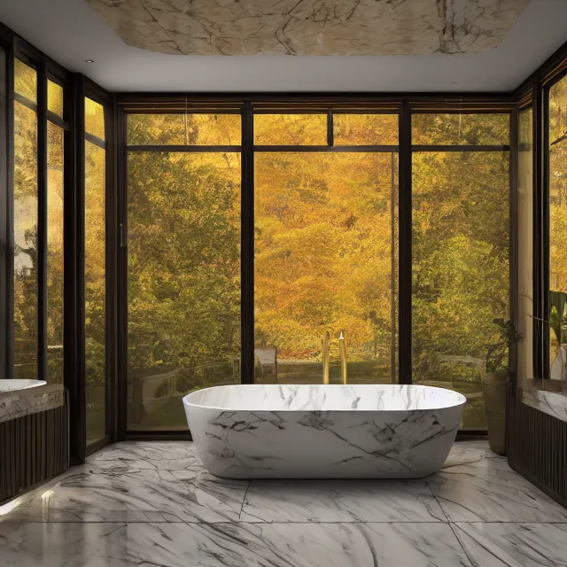 Image similar to marble bathroom interior, bathtub with golden faucet, wood cabinets, marble floor, large window in back with vermont fall foliage river view, large potted plant, realistic, unreal engine render, octane render, hyper realistic, photo, 8 k