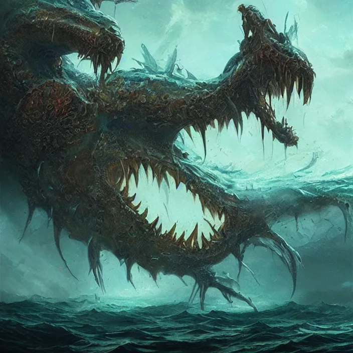 Image similar to sea monster large horror under the ocean d & d, d & d style, trending on artstation, intricate, highly detailed, vivid painting, colorful, art by greg rutkowski