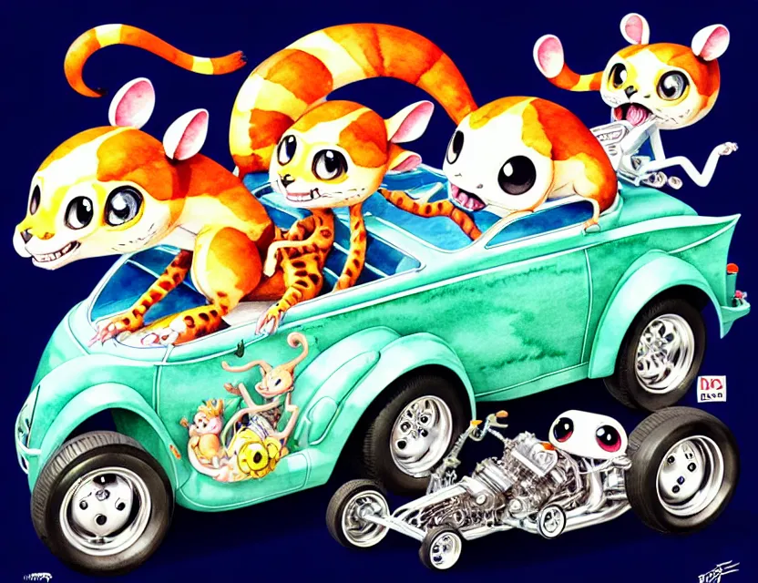 Prompt: cute and funny, margay riding in a tiny hot rod with engine, ratfink style by ed roth, centered award winning watercolor pen illustration, isometric illustration by chihiro iwasaki, edited by range murata, tiny details by artgerm and watercolor girl, symmetrically isometrically centered
