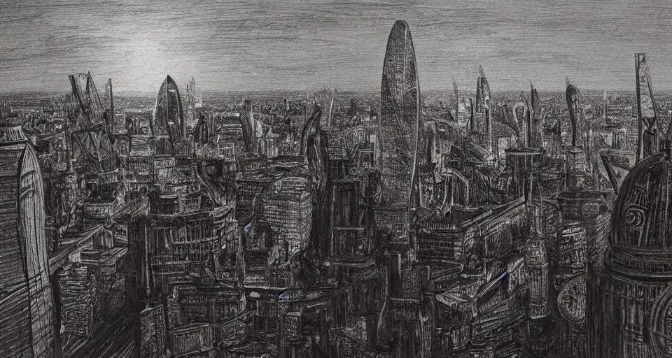 Prompt: pencil sketch of the london skyline, highly detailed, dramatic lighting, intense shadows, rich deep colours, by salvador dali