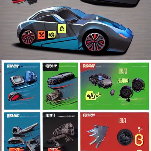 Image similar to car engine car parts concept art card, comic page, realistic fortnite, ui card