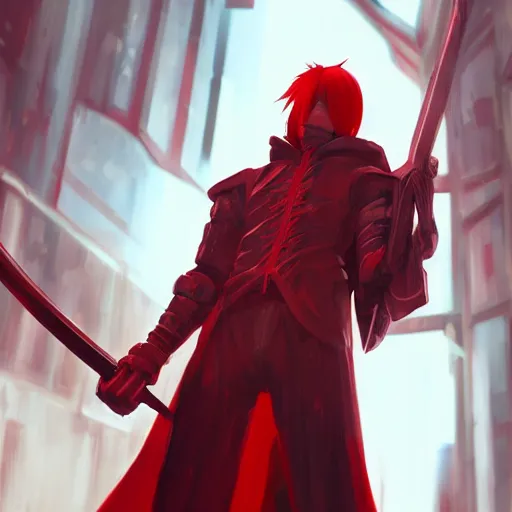 Prompt: a man in a red outfit holding a sword, cyberpunk art by torii kiyomitsu, cgsociety, fantasy art, redshift, rich color palette, anime aesthetic