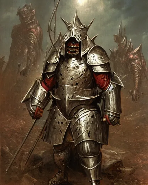 Image similar to a heavily armoured orc warrior by Thomas Cole and Wayne Barlowe