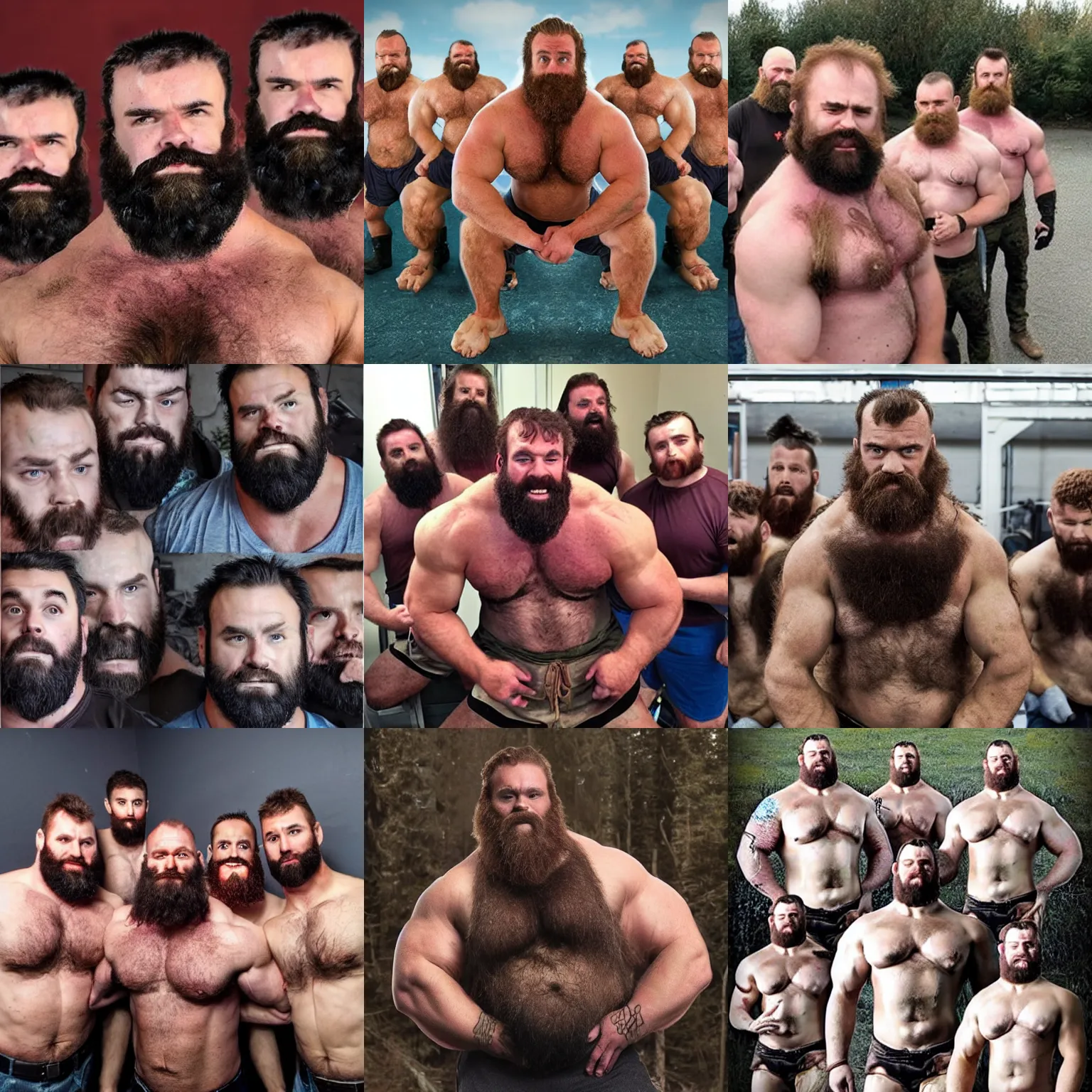 Prompt: manly hairy burly strongman and his army of clones