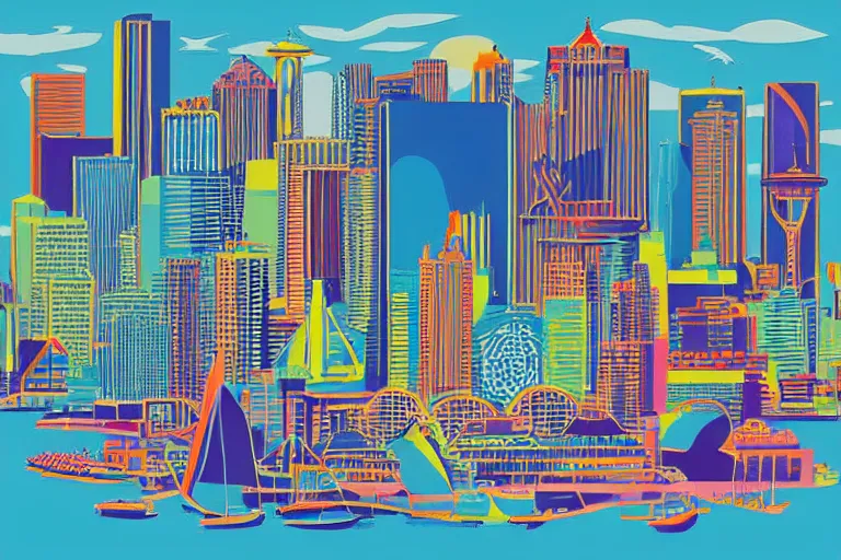 Prompt: !! vector art!! seattle in a sunny day, artwork by tooth wu, colorful contrast,!!!! very coherent!!!!, dark shadow, thick lineart