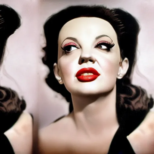 Prompt: a colour photographic portrait of a hybrid of judy garland and lisa minelli and angelina jolie and kate bush, close up