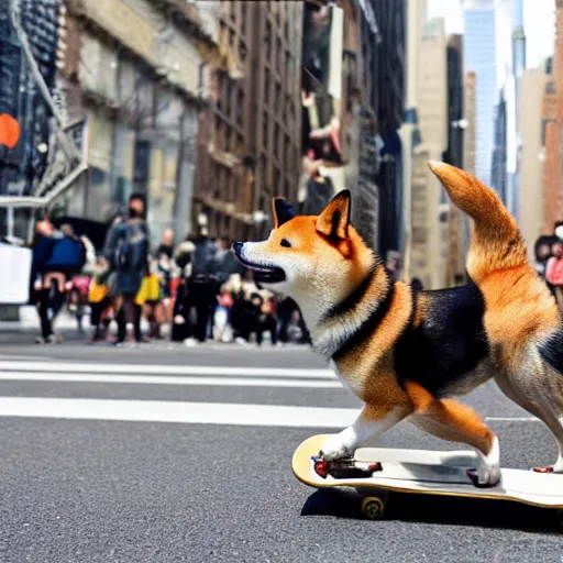 Image similar to a happy shiba inu performs a perfect kick flip on his skateboard in new york city whilst a crowd watches, beautiful photograph