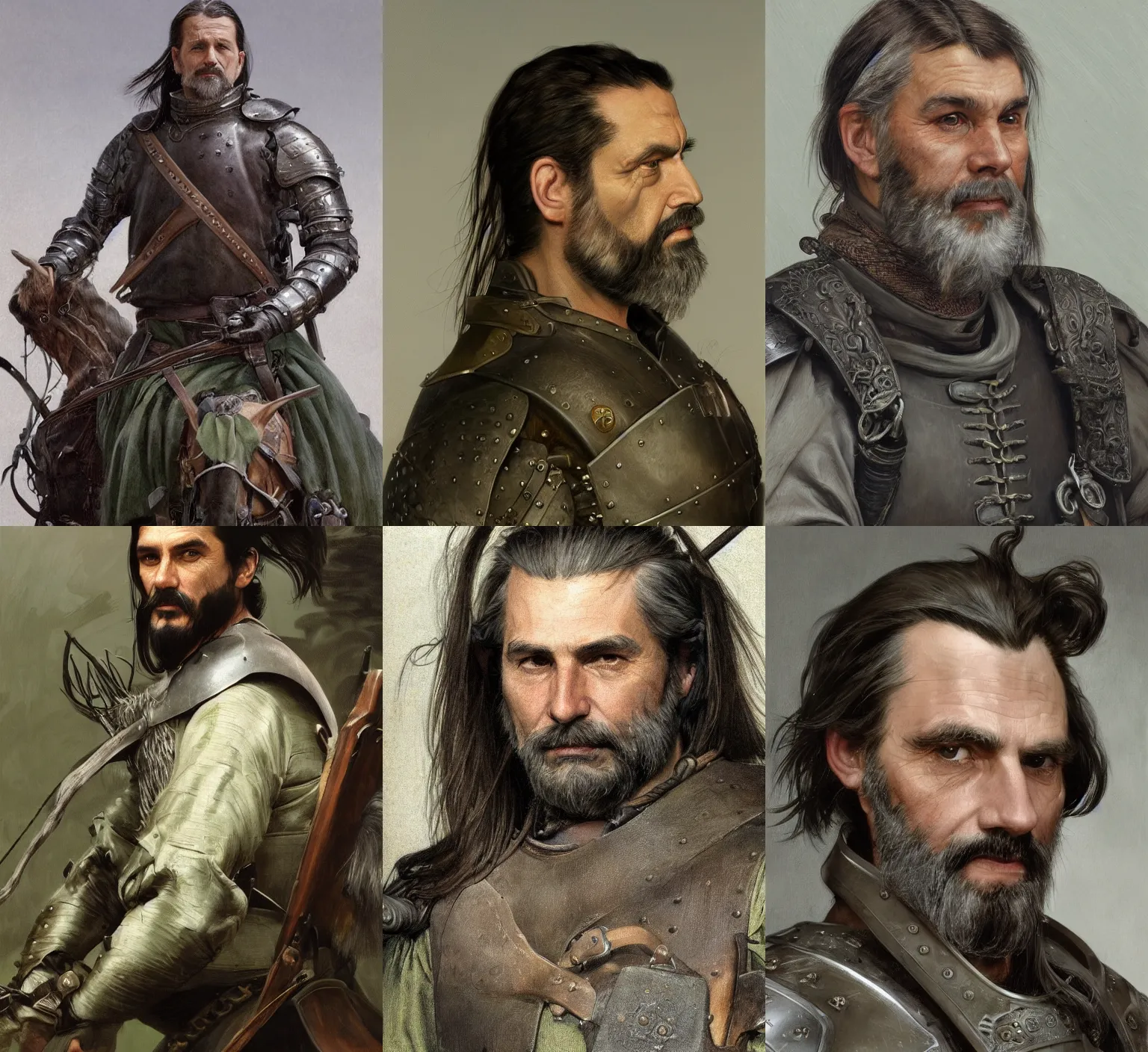 Prompt: medium-length portrait painting of a 40-year-old male hunter with dark gray hair in a ponytail, a scraggly goatee, white skin, gray eyes, stern expression, intricate gray-green leather armor, medieval setting, highly detailed, digital painting, artstation, concept art, sharp focus, illustration, art by greg rutkowski + alphonse mucha