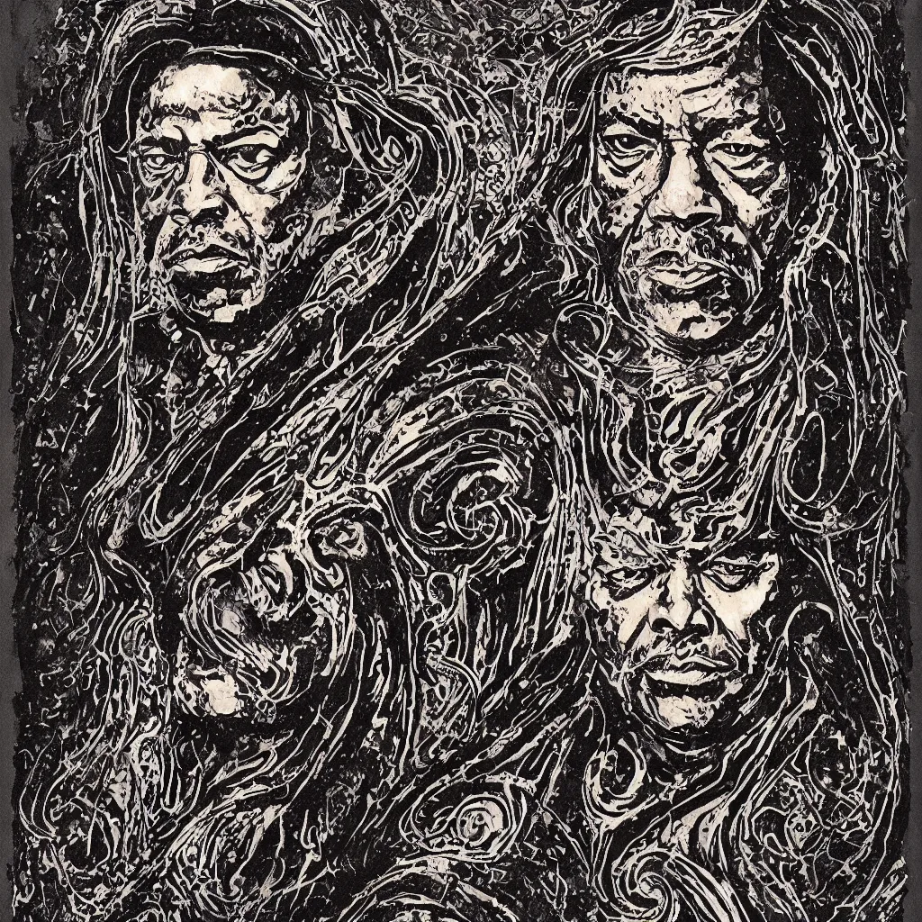 Prompt: A dramatic art nouveau bust portrait of James Earl Jones with long black hair as Thulsa Doom in scratchy rune-carved armor, framed with metallic art nouveau shield designs around the borders, by Travis Charest, Jia Ruan and Bill Sienkiewicz, watercolor, bleed, splatters, random brush strokes, epic lighting and depth of field, sinister ambience, malevolent expression, determination, dominance, confidence, mixed media painting, accurate symmetrical facial details, perfect symmetry, sumerian, roman, egyptian, medieval, intricately detailed