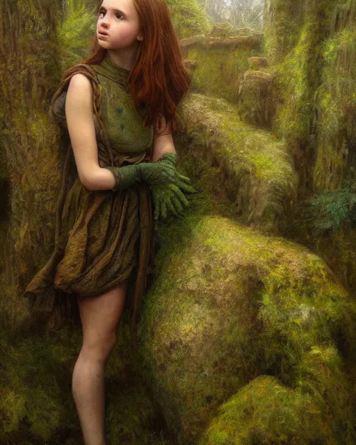 Prompt: a well - lit, realistic oil painting of a girl resembling a young, shy, redheaded irish alicia vikander or millie bobby brown in moss - covered ancient stone ruins at sunset, highly detailed, intricate, concept art, artstation, by donato giancola, ron cobb, and artgerm