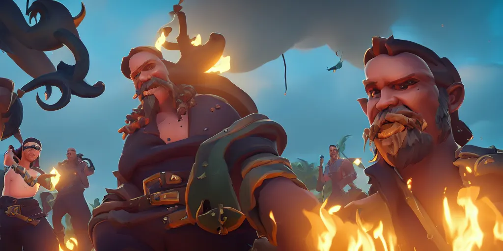 Prompt: portrait of sea of thieves characters, sea of thieves screenshot, storm, unreal engine, digital art, kraken monster