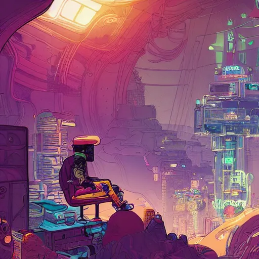Image similar to explorer with cyberpunk headpiece playing video games in his treehouse, highly detailed, 4k, midnight, by Victo Ngai and James Gilleard , Moebius, Laurie Greasley, adventure time colour palette