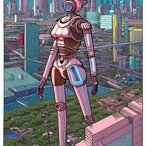 Image similar to a beautiful highly detailed futuristic mechanical lady, cyberpunk rooftop on jupiter, filled with people,, art by geof darrow,