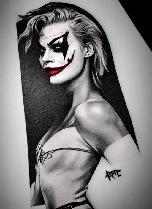 Prompt: tattoo design of margot robbie with joker makeup, ace card, in the style of niki norberg, realistic face, black and white, realism tattoo, hyper realistic, highly detailed