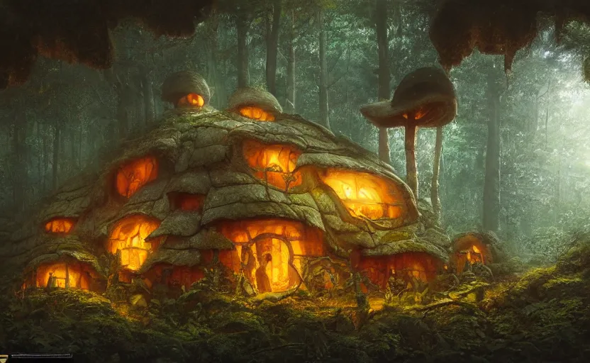 Image similar to A mushroom house in a mushroom, warm light coming from the windows, in a dark forest, macro, cool tones, underexposed, overecast, mysterious matte painting by greg rutkowski and marc simonetti and Ivan Shishkin, 4k