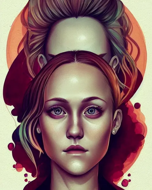 Image similar to beautiful woman Maika Monroe full sleeve tattoos and neck tattoo, symmetrical face, portrait, Charlie Bowater character art, warm color palette