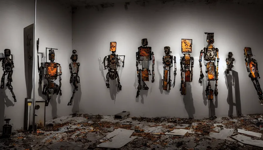 Image similar to abandoned art gallery, robots with articulated metal hands hold paintbrushes against photos of landscapes hung on the walls, dramatic lighting, 4 k