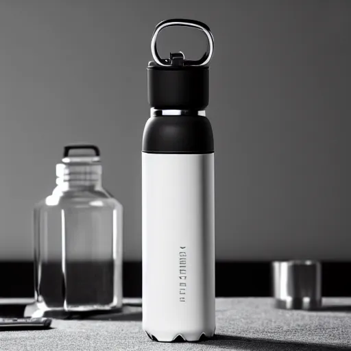 Image similar to cinematic photoshoot of clean modern hand crafted super futuristic tech water bottle pro display xpr luxury smooth color metal white silver with black leather padding well design ultrareallistic detailed high quality 8 k photorealistic ultra realistic