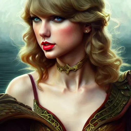 Image similar to Taylor Swift, closeup, D&D style, fantasy, intricate, elegant, highly detailed, digital painting, artstation, concept art, matte, sharp focus, illustration, art by Artgerm and Greg Rutkowski and Alphonse Mucha