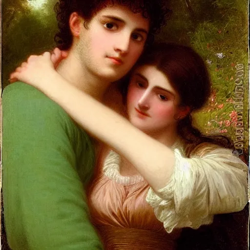 Prompt: young man in orange shirt and young woman in green dress with black hair hugging, by pierre - auguste cot