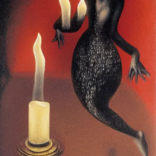 Prompt: highly detailed figure of a mad woman with candles on finger walking midair by remedios varo