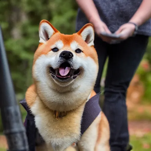 Image similar to close - up photo of shiba inu holding huge mace in paws, standing vertically, ( eos 5 ds r, iso 1 0 0, f / 8, 1 / 1 2 5, 8 4 mm, postprocessed, sharp )