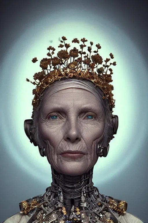 Prompt: portrait of a old female robot grandmother, intricate, dystopian toy, sci-fi, simple crown of little flowers, extremely detailed, digital painting, sculpted in zbrush, artstation, concept art, smooth, sharp focus, illustration, chiaroscuro lighting, golden ratio, incredible art by artgerm and greg rutkowski and alphonse mucha and simon stalenhag