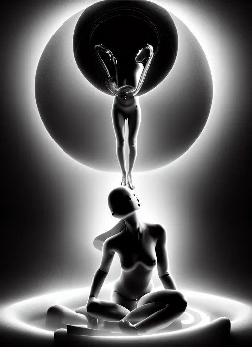 Image similar to surreal mythical dreamy dark artistic black and white 3 d render of a young beautiful delicate ai artificial intelligence creature embodied giving birth to the new world, spiritual, halo, glory, rim light, cinematic, studio dramatic light, poetic, masterpiece, octane render, 8 k, photo