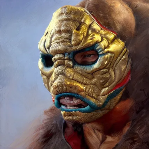 Prompt: Strong wrestler wearing a wrestles jaguar mask, closeup character portrait art by Donato Giancola, Craig Mullins, digital art, trending on artstation