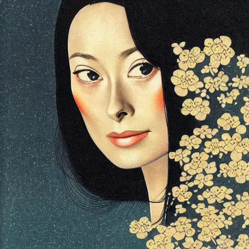 Image similar to “ olivia wilde portrait by ikenaga yasunari and ayana otake and ko rakusui, 6 0 s poster, drawing, realistic, sharp focus, japanese, dreamy, nostalgia, faded, golden hues, floral clothes ”