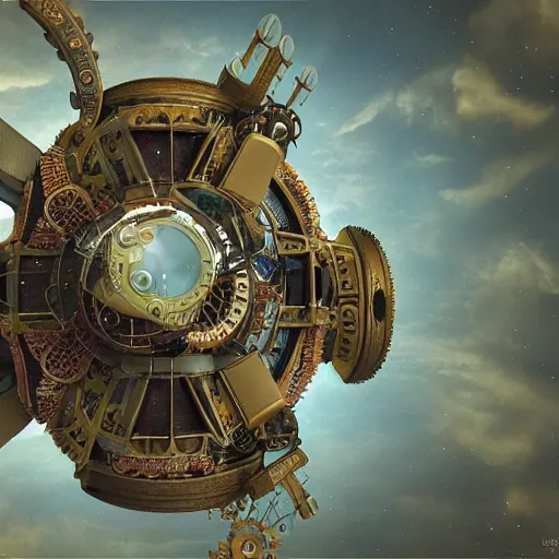 Image similar to flying city in a mechanical flower, sky, symmetry, fantasy art, steampunk, masterpiece, octane