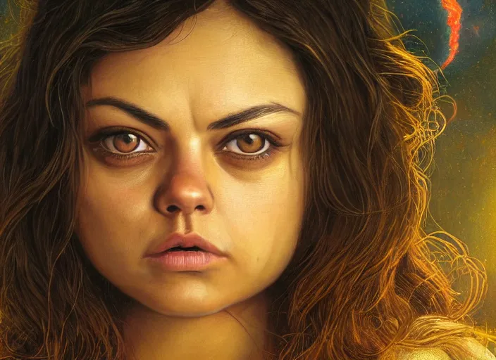 Image similar to big-eyed surprised Mila Kunis staring intensely into the camera, sundown golden hour firefly wisps, Lilia Alvarado, Sophie Anderson, Mark Arian, Bob Byerley, Charlie Bowater, Mark Brooks, Steve Henderson, Justin Gerard, Arthur Hughes, Edward Robert Hughes, Mark Keathley, Victor Nizovtsev, Carlos Shwabe, Ross Tran, WLOP