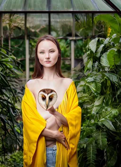 Image similar to portrait photograph of beautiful young female model, symmetric face, symmetric eyes, slight smile, natural light, wearing a yellow kimono with a very detailed barn owl on her shoulder!!! in a tropical greenhouse. looking at the camera!!. super resolution. Extremely detailed. Graflex camera, bokeh.