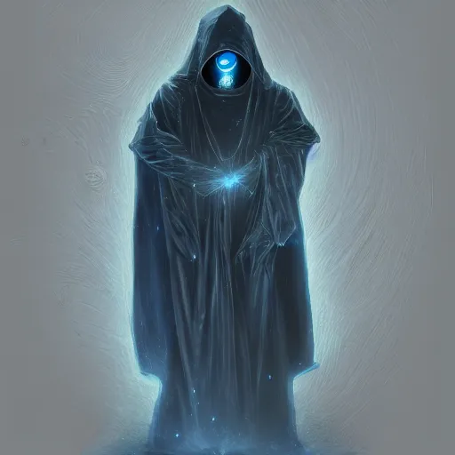 Prompt: award - winning. trending on artstation. 4 k. eerie tone. an astral figure wearing a hooded cape made of the night sky with a dark blue glowing eye on its face. portrait.