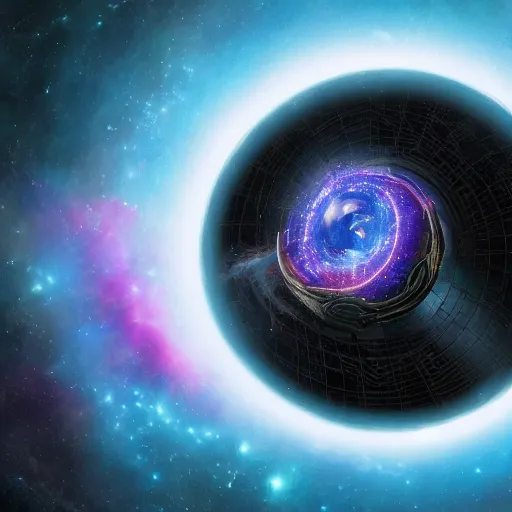 Image similar to glorious 3D black hole in movie, intergalactic, space theme, galaxy colored, hyperdetailed, digital painting, trending on Artstation, cel-shading style, CG society, hyperdetailed, digital painting, hypermaximalist, golden ratio, volumetric, octane render, weta digital, micro details, 3d sculpture
