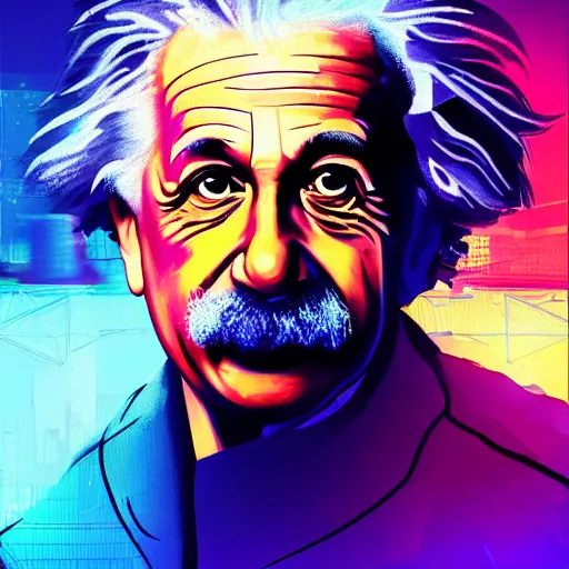 Image similar to high detailed portrait of albert einstein, staying in front of dark city, cyberpunk2077, cyberpunk, neon, cool colors, artstation, digital illustration