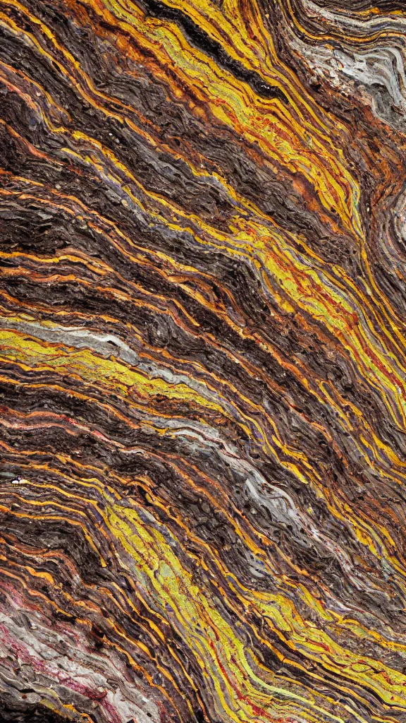 Image similar to vivid color, folded, tessellated planes of rock, alien sedimentary schematic, igneous rock, marbled veins, 3D diorama architectural drawing with layers of strata, ochre, sienna, black, gray, olive, mineral grains, dramatic lighting, rock texture, sand by James jean, geology, octane render in the style of Luis García Mozos
