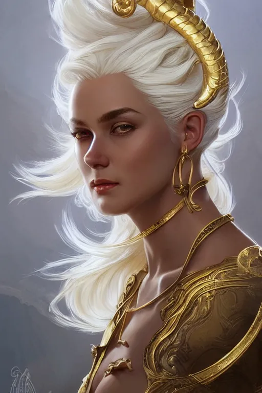 Image similar to fullbody!! beautiful woman with white hair, big natural horns on her head, gold jewellery, dnd, face, fantasy, intricate, elegant, highly detailed, digital painting, artstation, concept art, smooth, sharp focus, illustration, art by artgerm and greg rutkowski and alphonse mucha