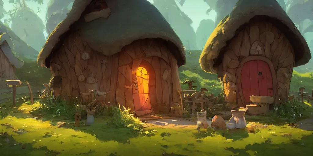 Prompt: small hobbit mushroom houses, red ruff, by cory loftis & akihiko yoshida & james gilleard & atey ghailan & makoto shinkai & goro fujita & studio ghibli, rim light, exquisite lighting, clear focus, magic atmosphere, lights, night, very coherent, plain background, soft painting, photorealistic, unreal engine 5, 4 k