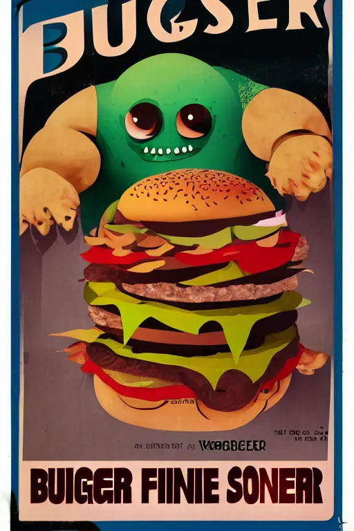 Prompt: burger monster, vintage kids horror movie poster