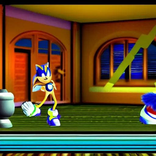 Image similar to sonic the hedgehog in a haunted mansion in a screenshot of sonic adventure 2 on the dreamcast
